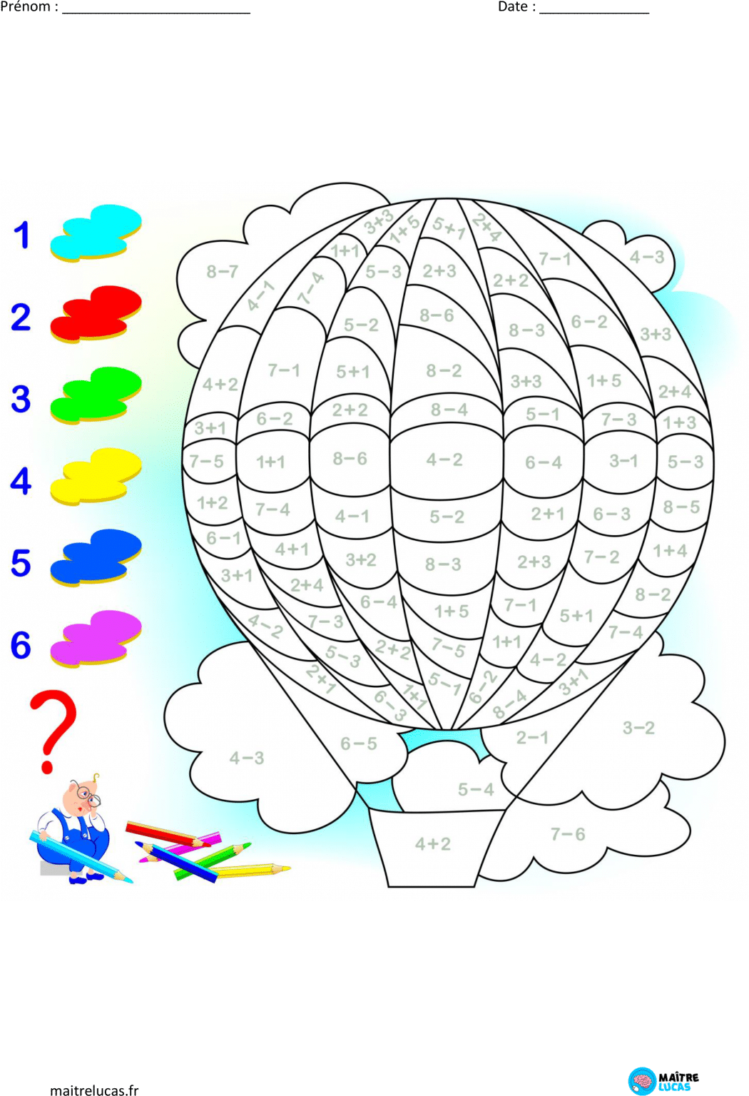 Coloriage additions et soustractions jusqu à 10 CP CE1 Maître Lucas