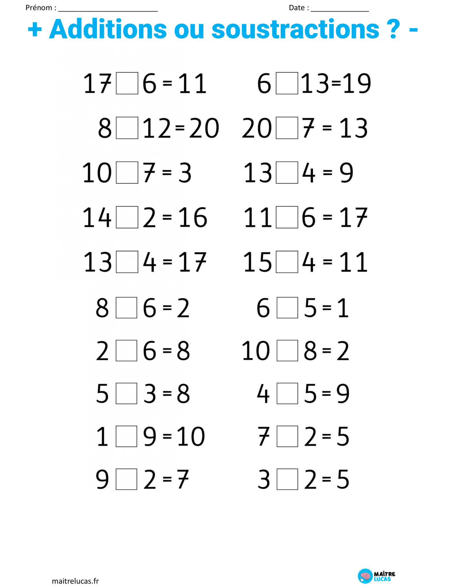 Fiches sur les Exercices Additions et soustractions jusqu à 20 pour CP