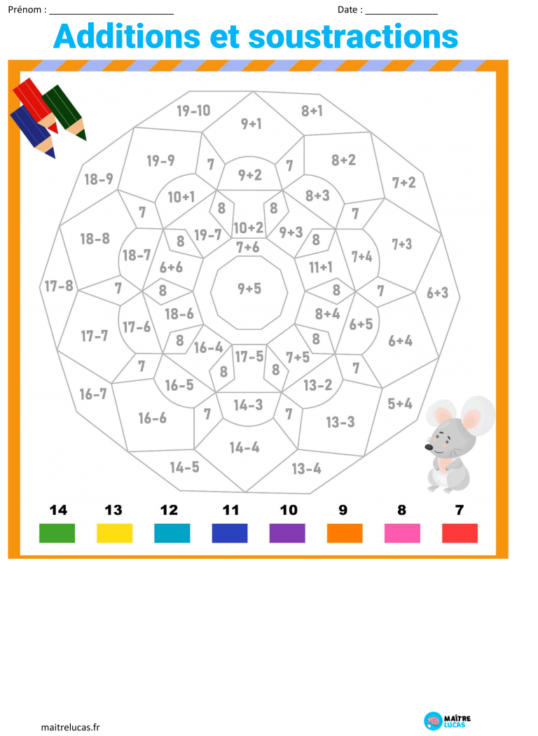 Fiches sur les Exercices Additions et soustractions jusqu à 20 pour CP