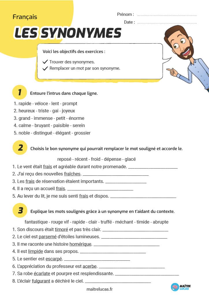 Fiche exercices les synonymes CM1 CE2 CM2