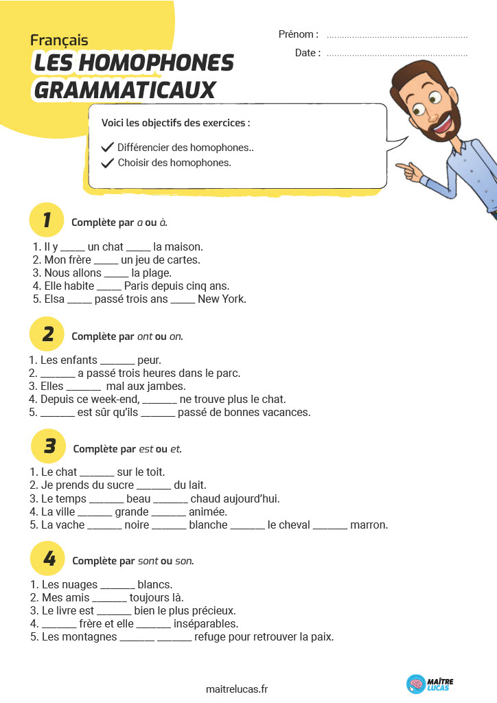 Fiche Exercices les homophones grammaticaux CM1 CM2