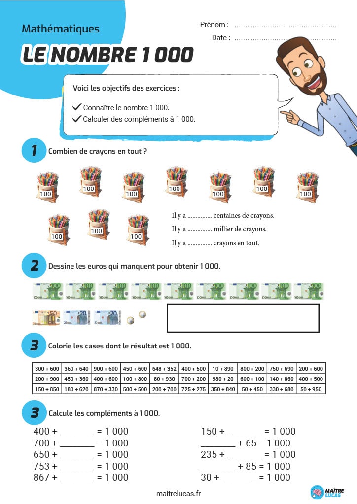 Fiche exercices sur le nombre 1000 CE1 CE2
