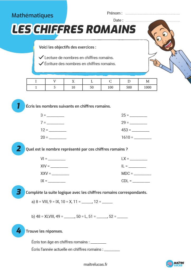 Exercices sur les chiffres romains CE2 CM1 CM2