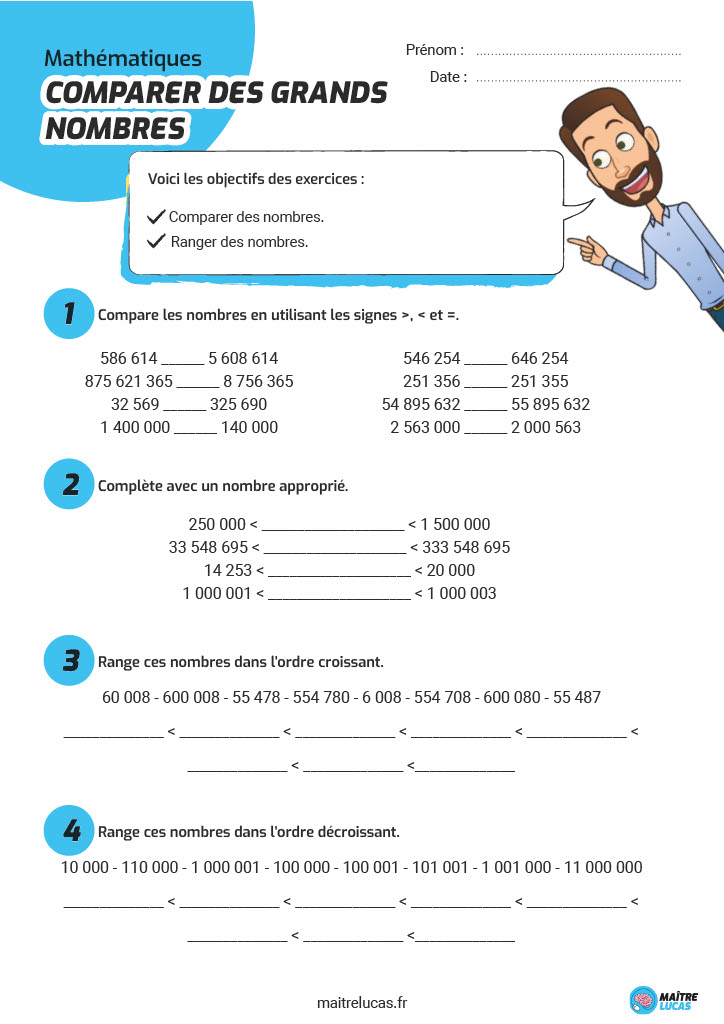 Fiche Comparer des grands nombres exercices cm1 cm2