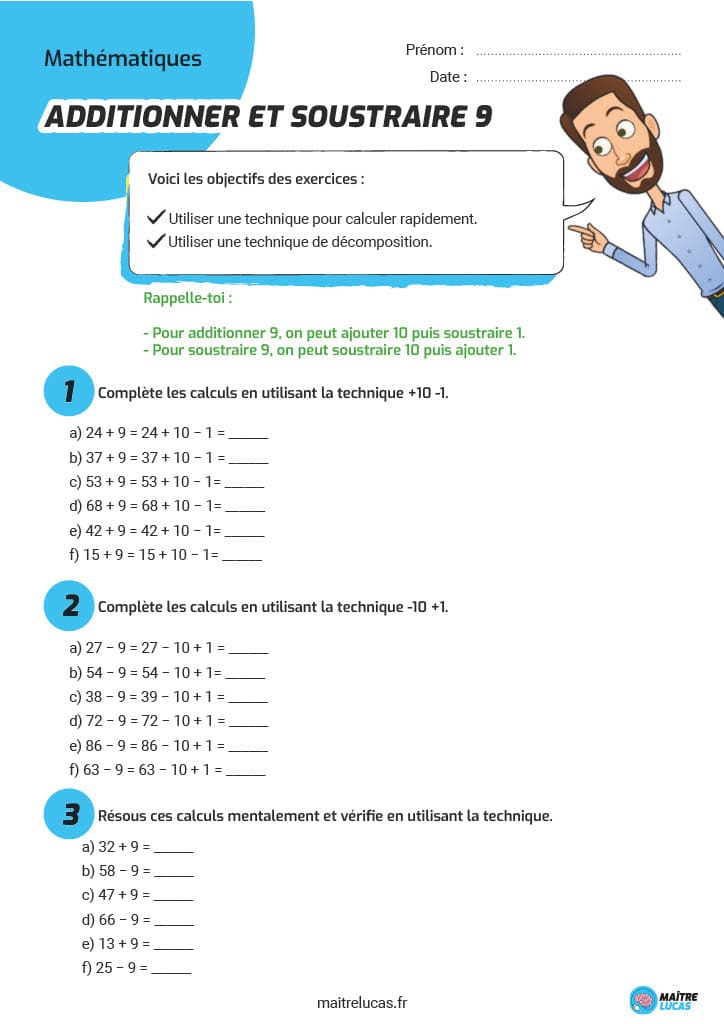 Fiches exercices additionner et soustraire 9 CE1 CE2