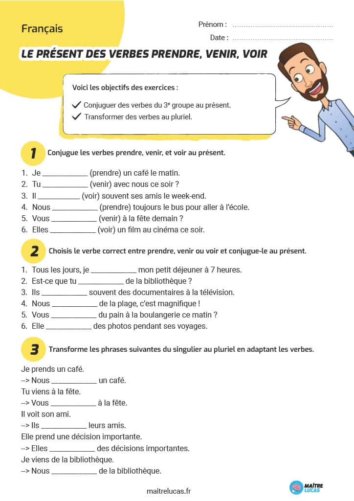 Exercices sur le présent des verbes voir prendre venir CE2 CM1