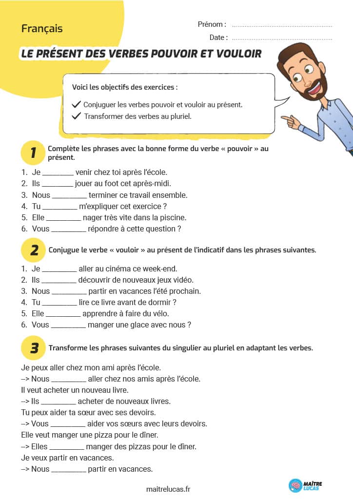 Exercices sur le présent des verbes pouvoir et vouloir CE2 CM1