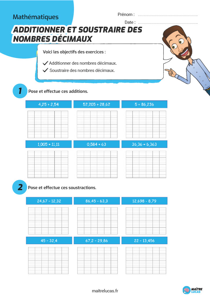 Fiche exercices additionner et soustraire des nombres décimaux cm1 cm2