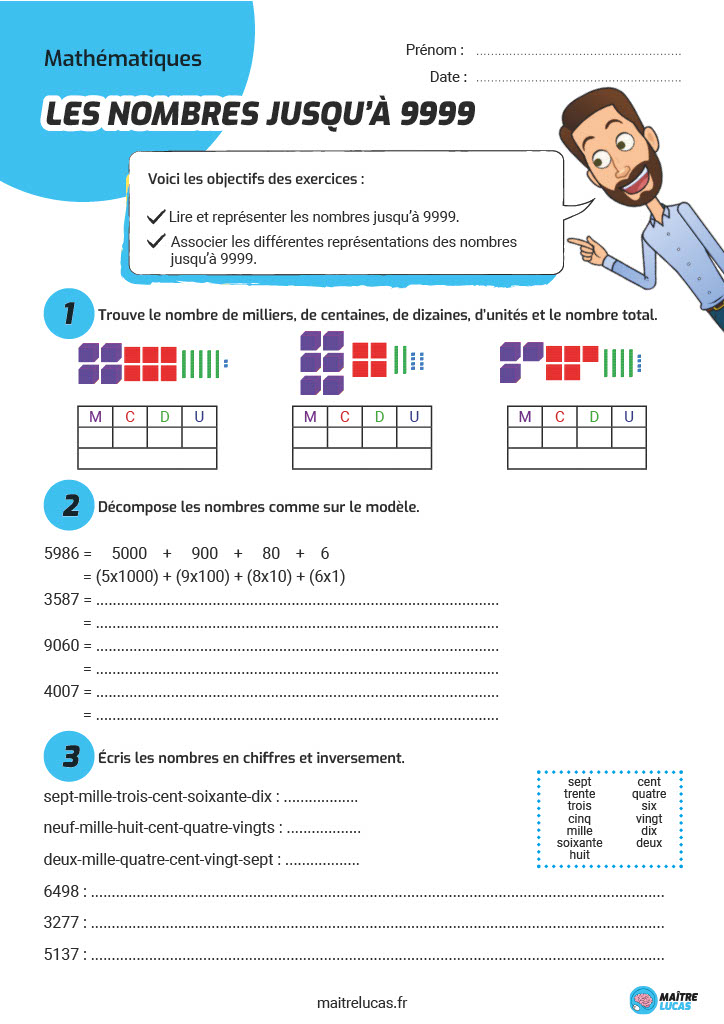 Exercices sur les milliers les nombre jusqu'à 9999 CE2