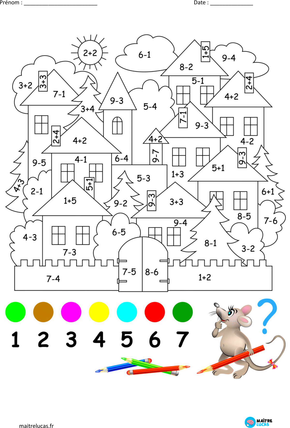 coloriage additions et soustractions jusqu à 10 cp ce1 maître lucas