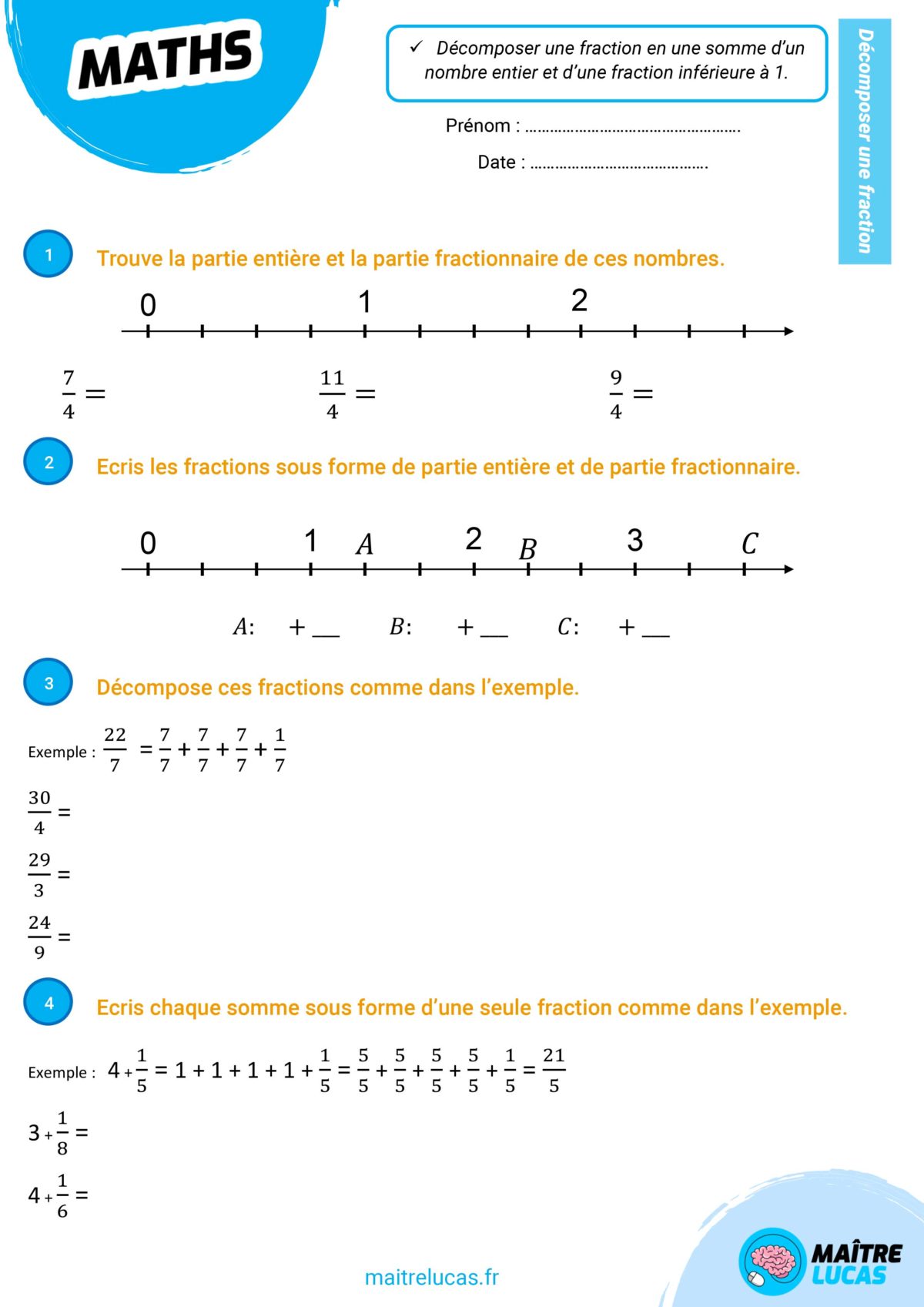 Les Fractions Cm2 Leçons Exercices Décomposer une fraction CM2 CM1 - Maître Lucas