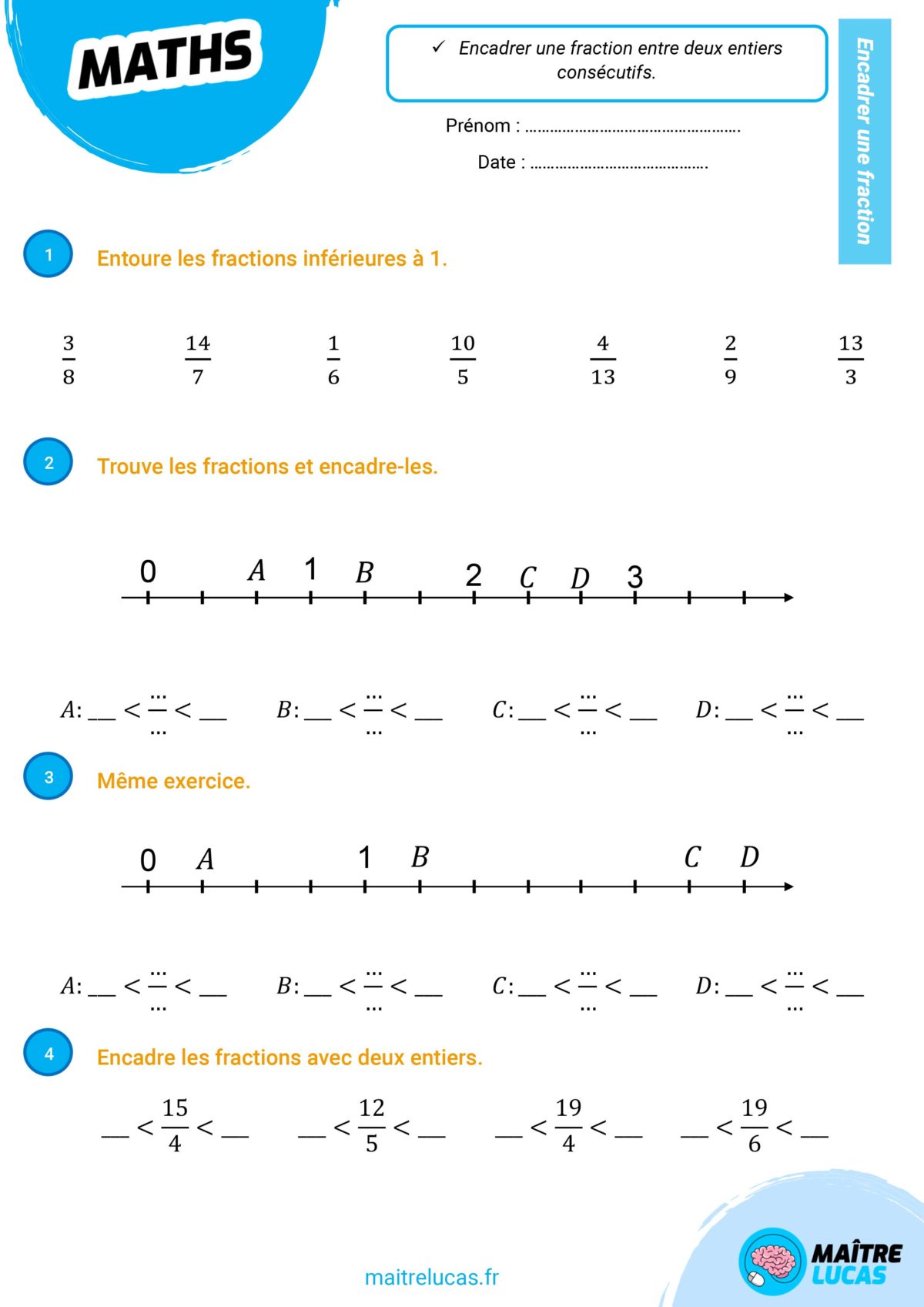 Leçon Sur Les Fractions Cm2 Exercices Encadrer une fraction avec des entiers CM1 - Maître Lucas