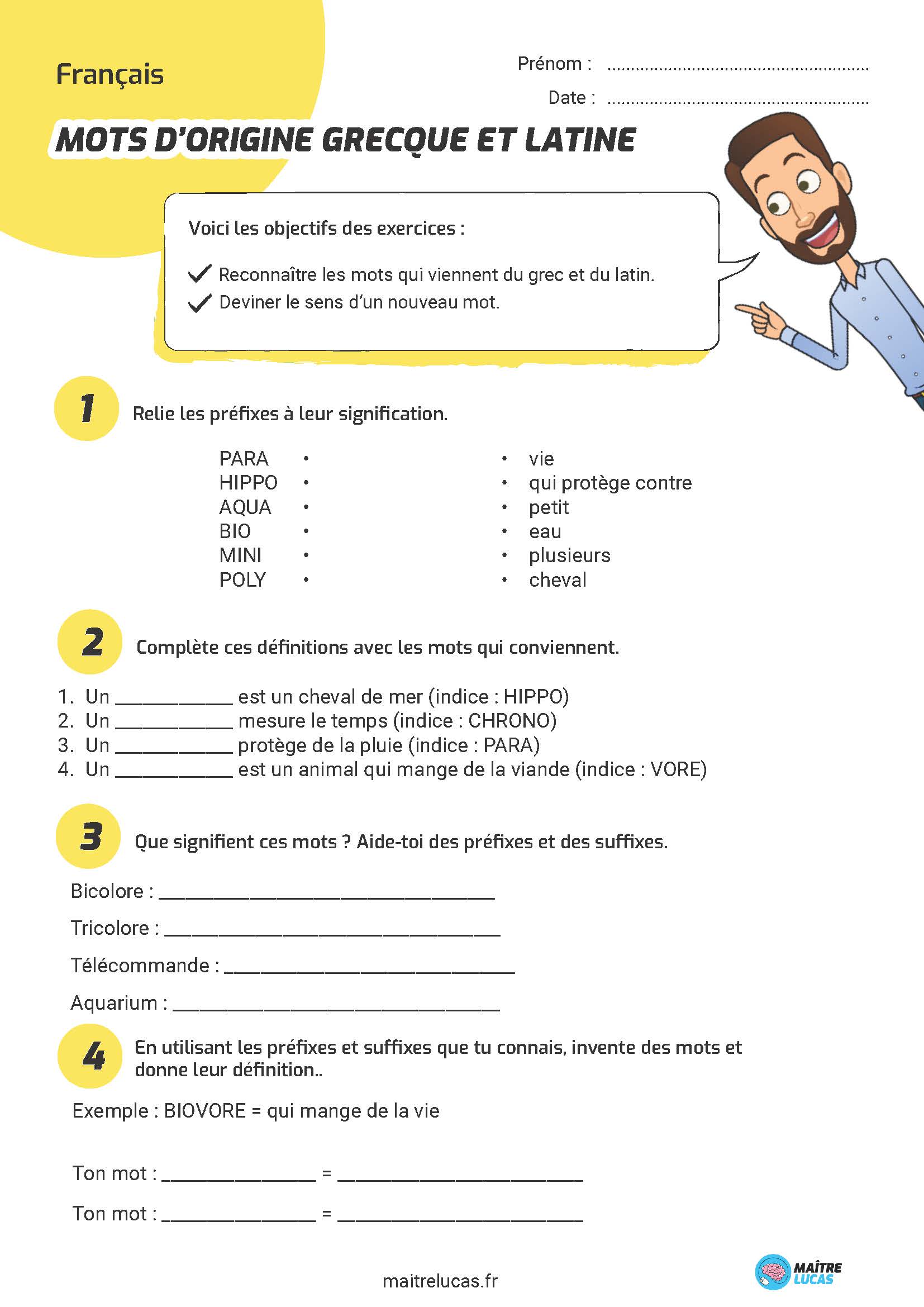 Fiche Exercices mots d'origines grecque et latine (1)