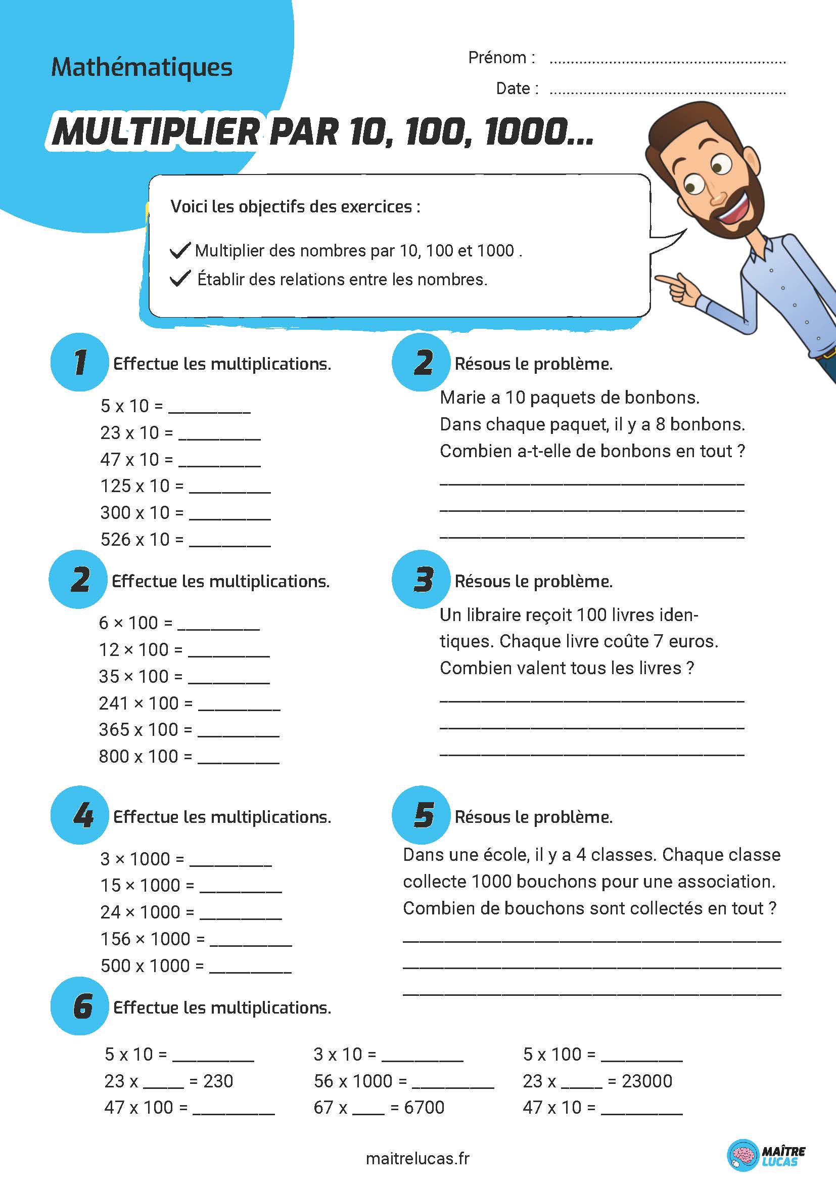 Exercices multiplier par 10 100 1000 CE2 CM1