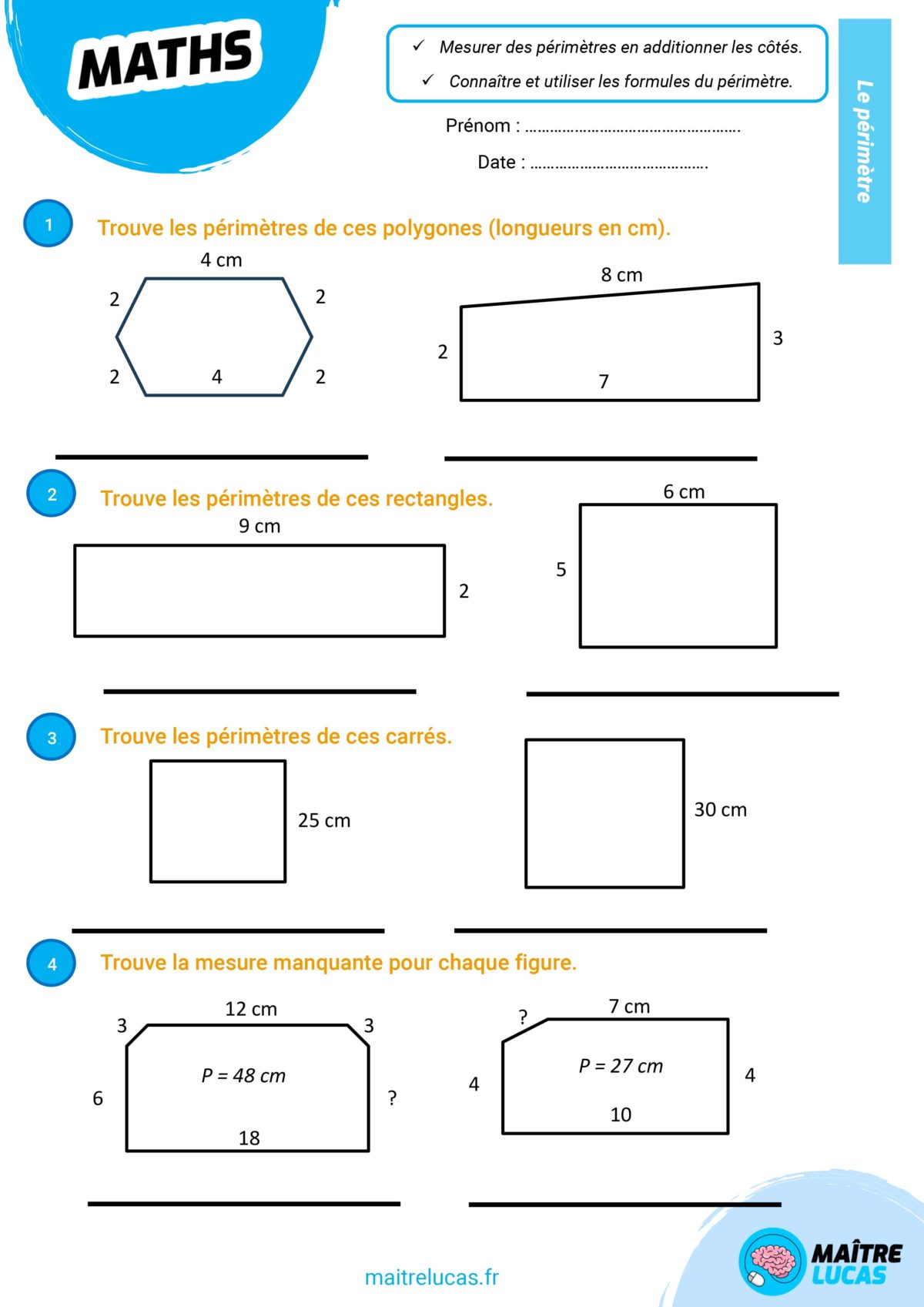 Exercices Le P rim tre Pour l ves De CM1 Et CM2 Ma tre Lucas