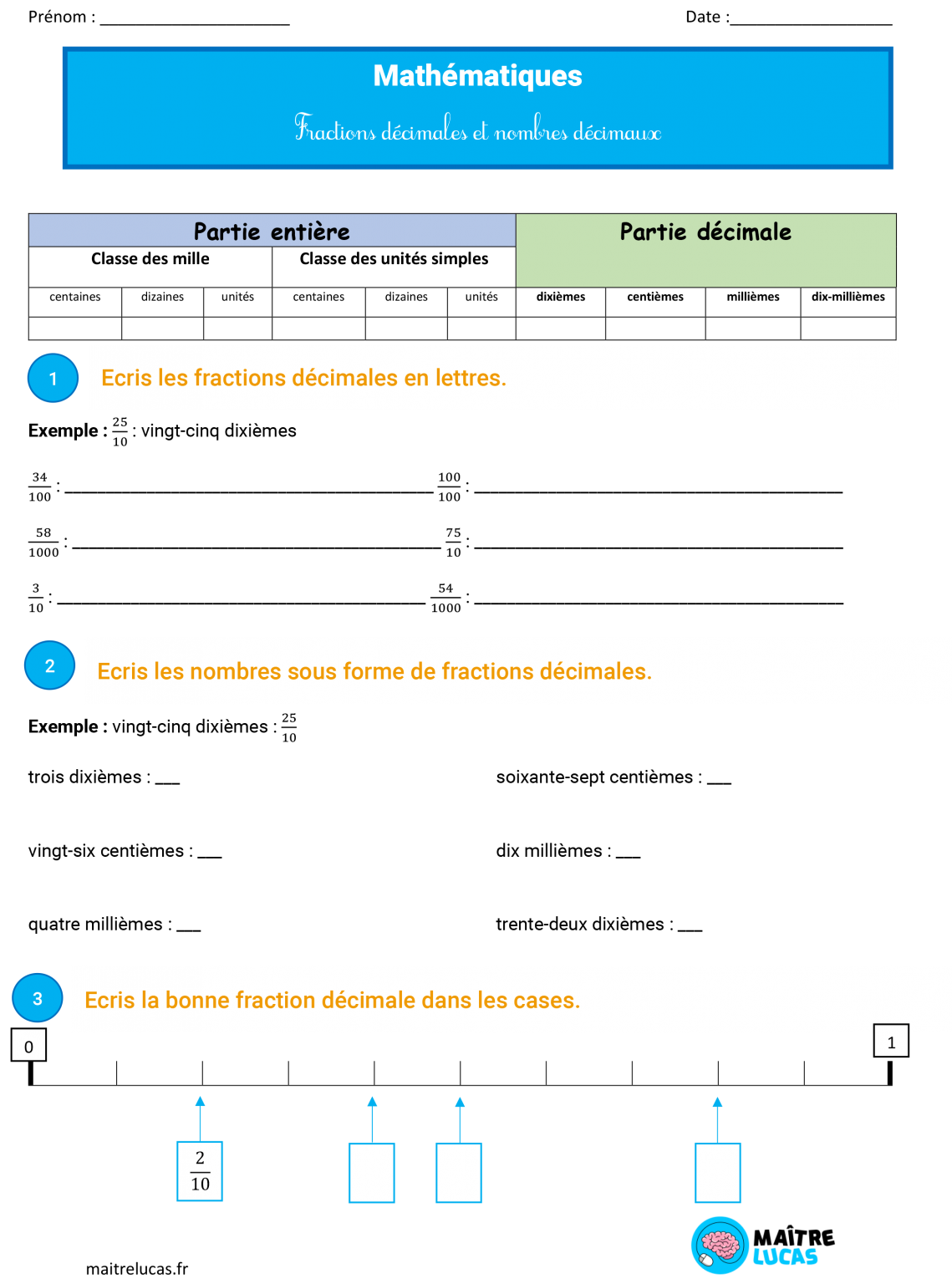 Fiche Exercices Fractions Décimales Et Nombres Décimaux Cm1 Cm2 Maître Lucas