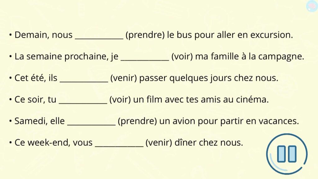 Exercices conjuguer le futur de prendre venir et voir CE2 CM1