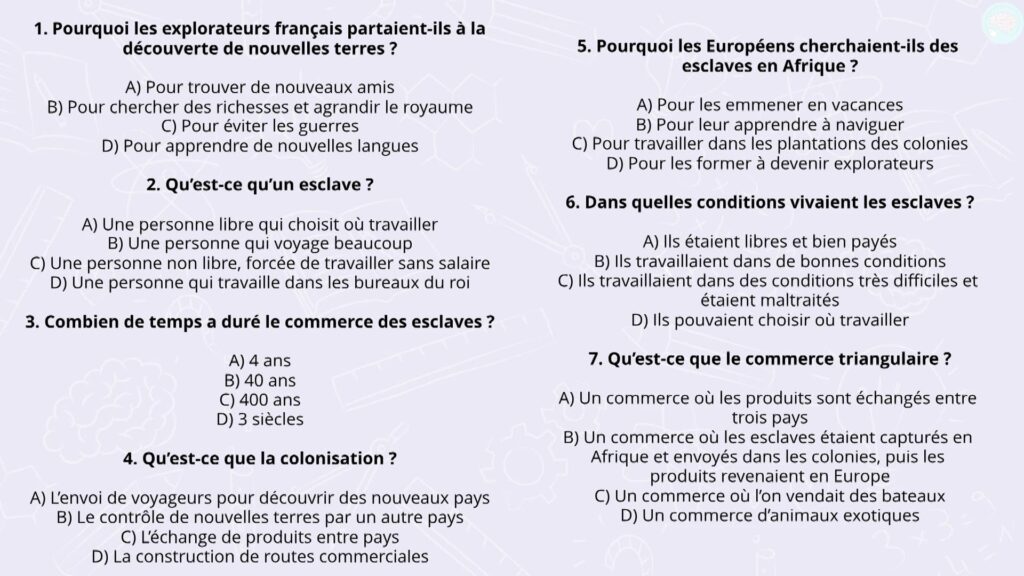 Exercices sur le Premier Empire colonial français CM1 CM2