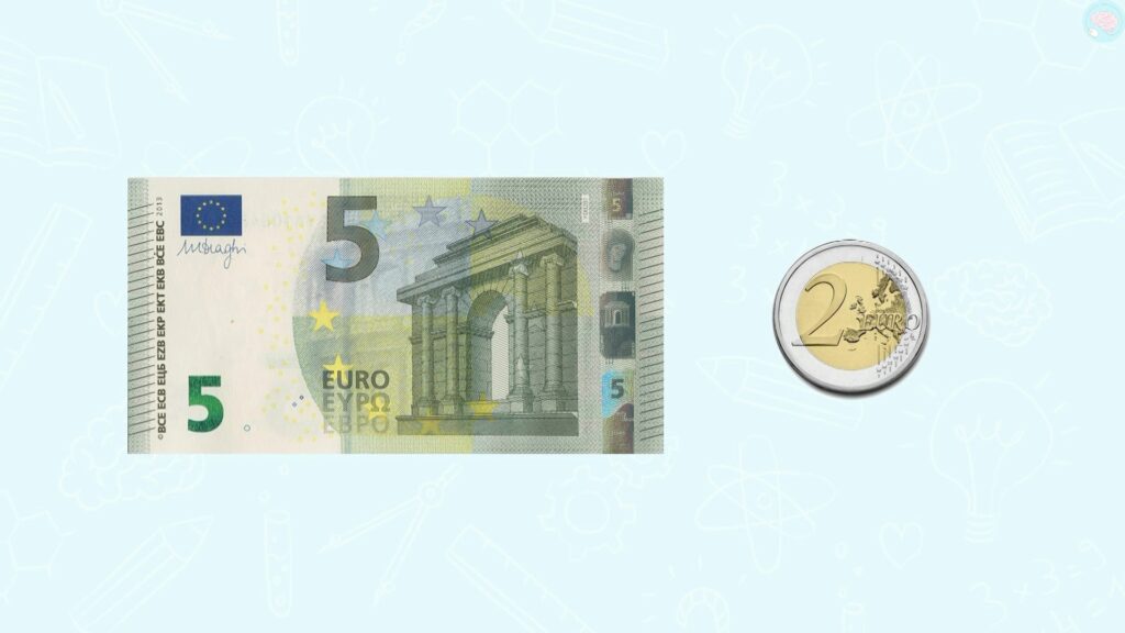 un billet de 5 euros et une pièce de deux euros