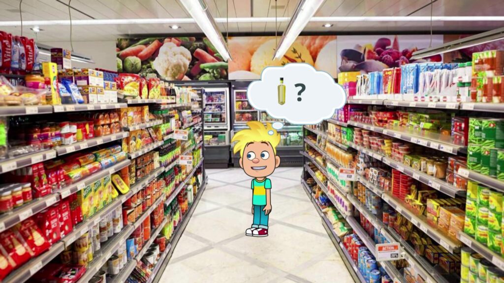 L'élève cherche des bouteilles d'huile dans le supermarché