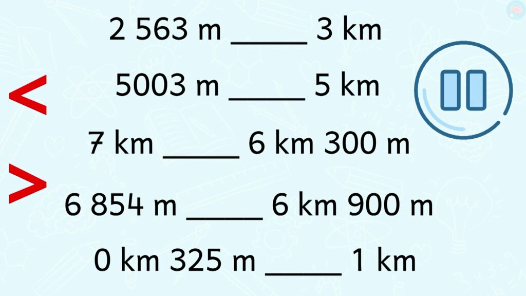 Exercices comparer mètre (m) et kilomètre (km) CE1 CE2
