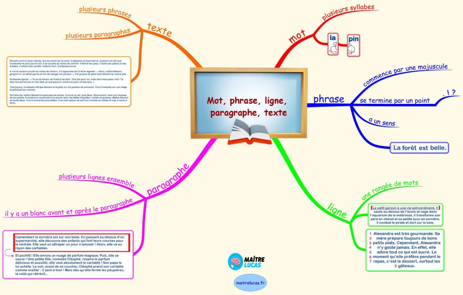 Carte mentale Mot, phrase, ligne, paragraphe et texte - Maître Lucas