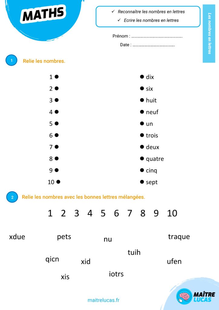 Exercices Nombre en lettres jusqu'à 10 CP CE1