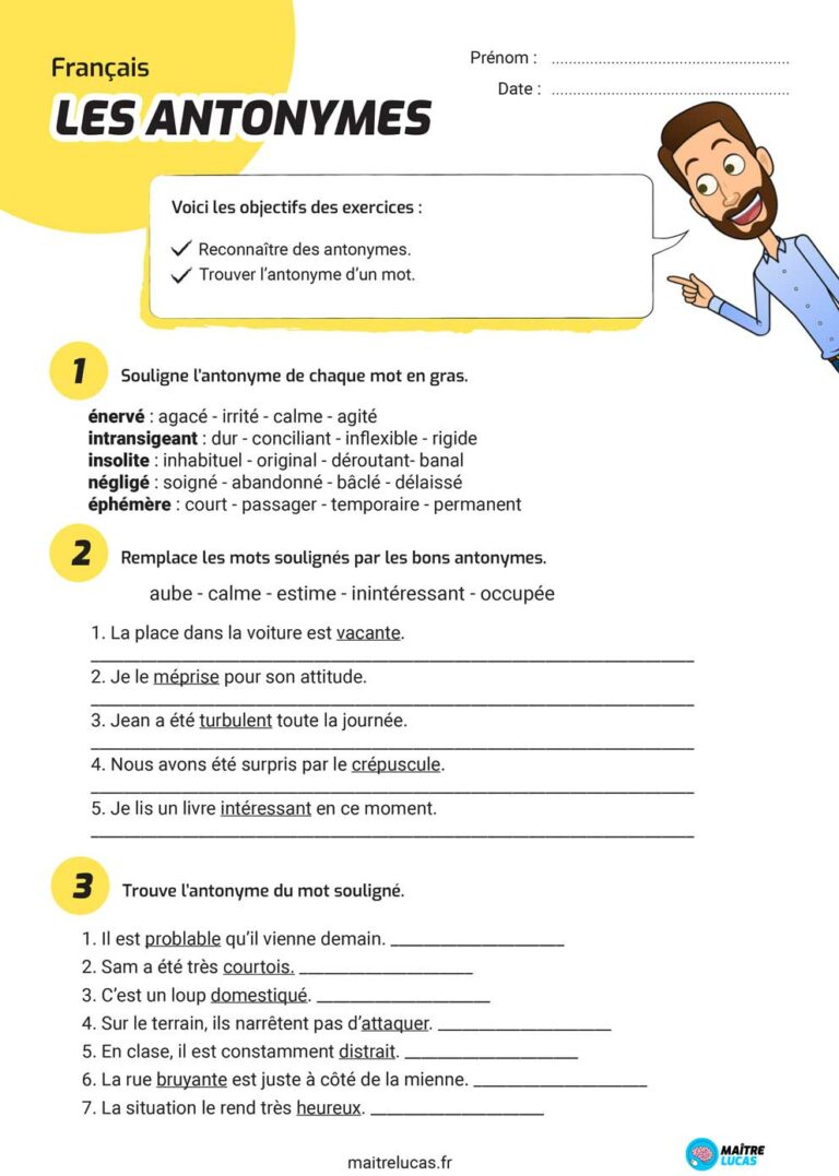 Exercices Les Antonymes CM1 CM2 - Maître Lucas