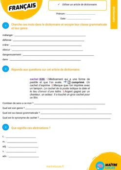 Fiche exercices Article de dictionnaire CM1 CE2 CM2