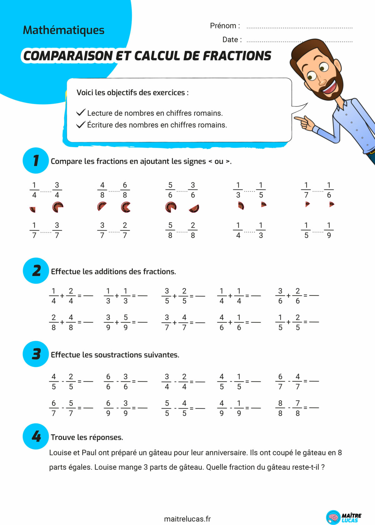 Fiche Exercices comparer et calculer avec des fractions CE1