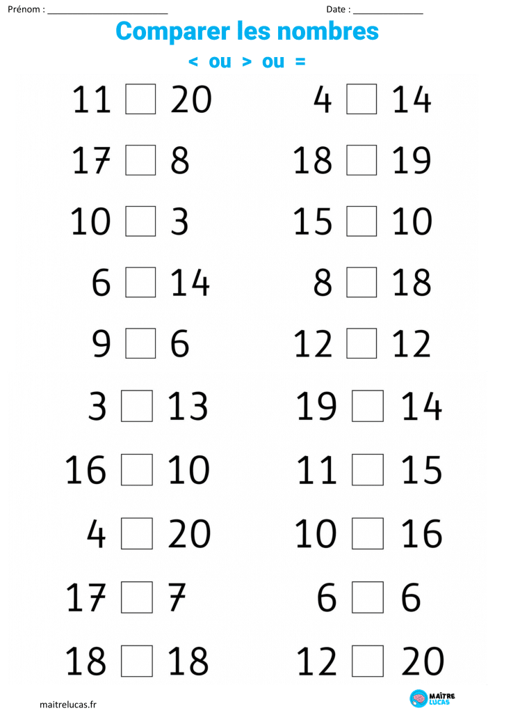 Fiches d'exercices comparer les nombres jusqu'à 100