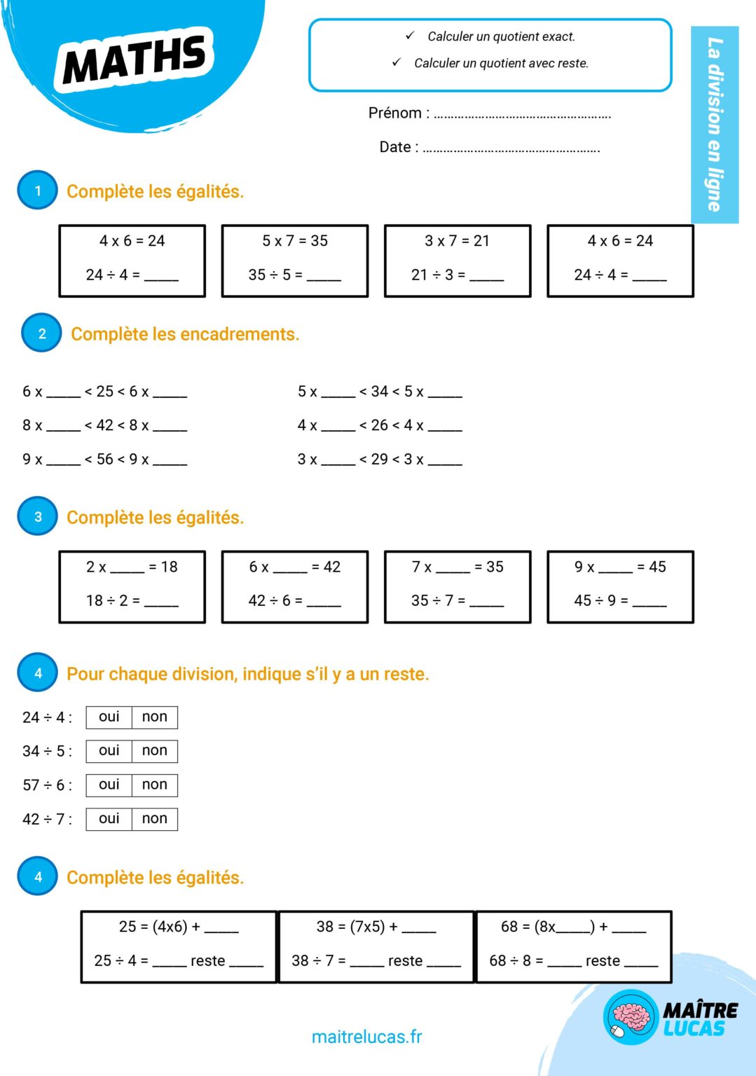Exercices D Buter La Division En Ligne Pour Ce Ma Tre Lucas