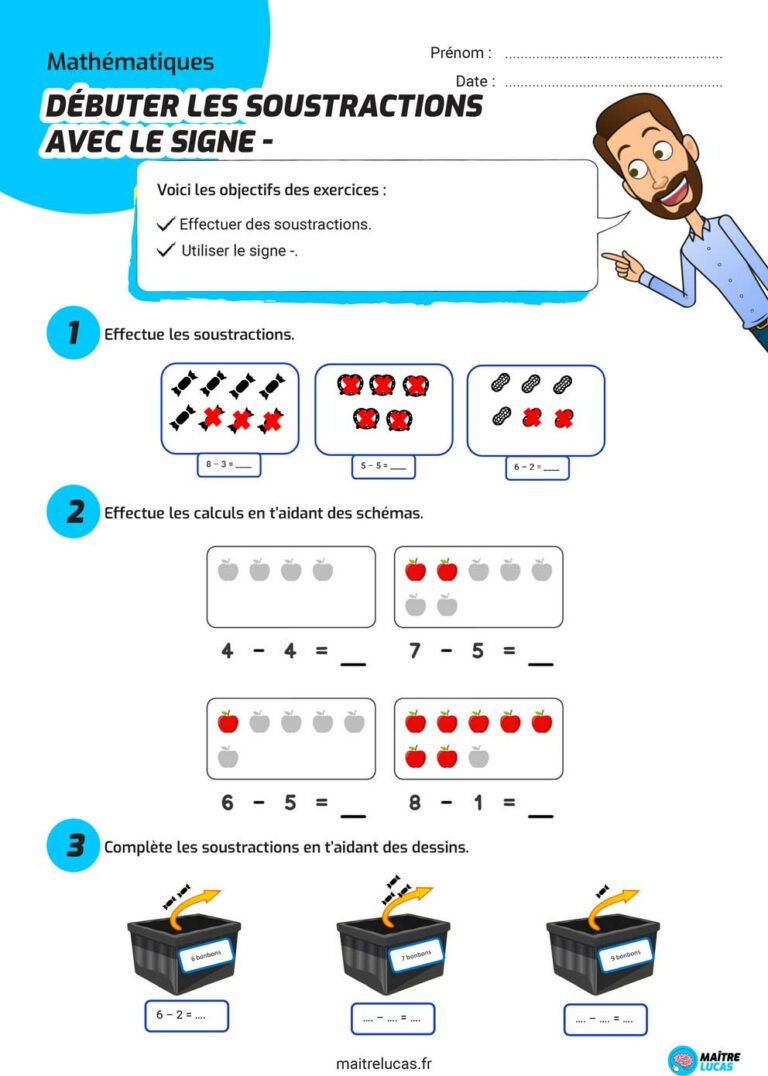 Fiches Exercices Débuter Les Soustractions CP CE1 - Maître Lucas