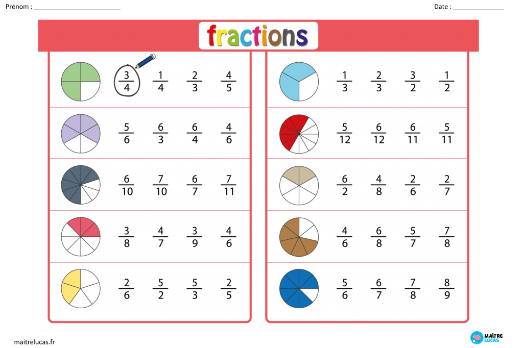 Fiche d'exercices fractions maths cm1 cm2