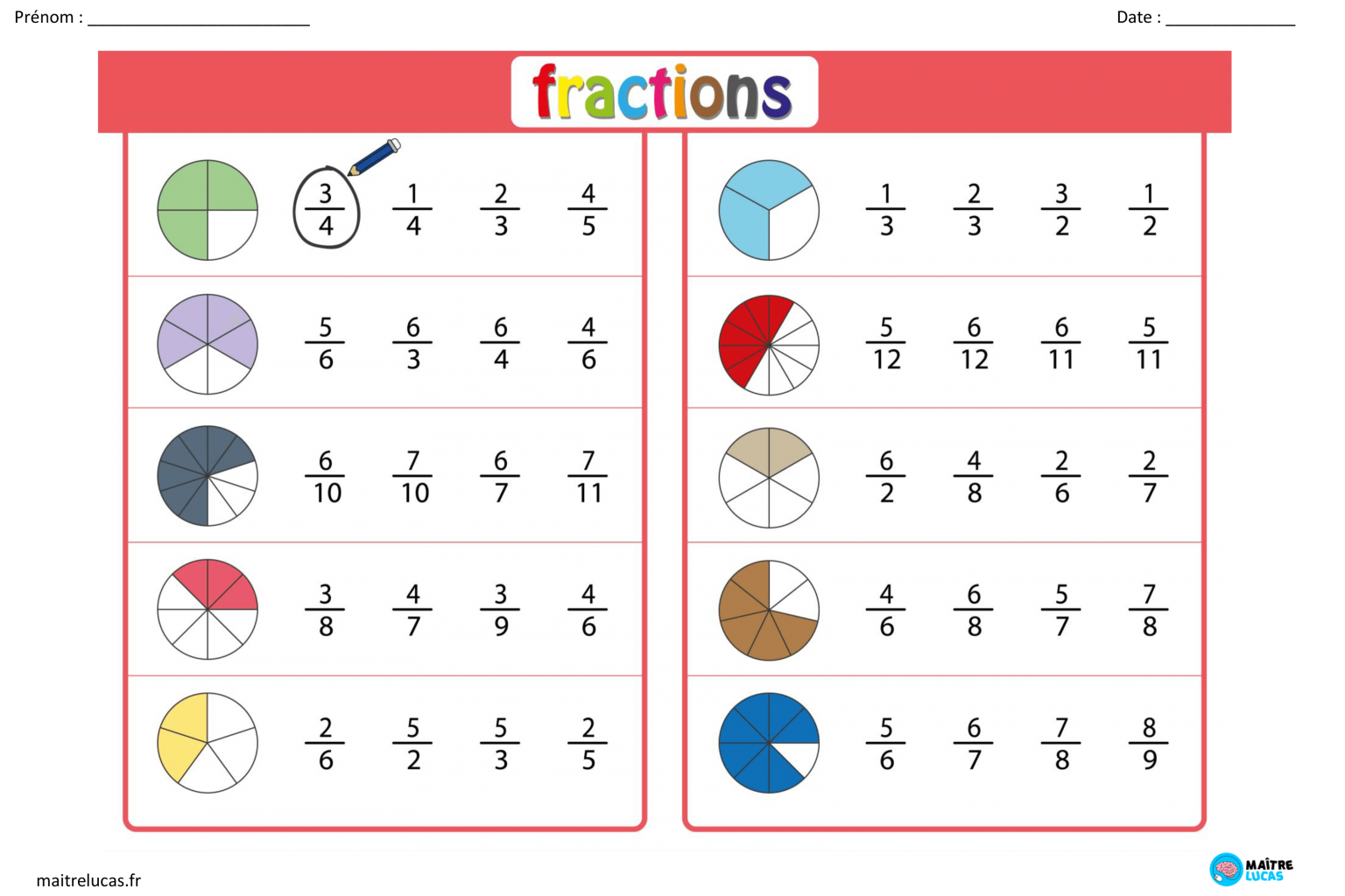 Fiches Exercices Sur Les Fractions 20 Exercices CM1 CM2 Ma tre Lucas