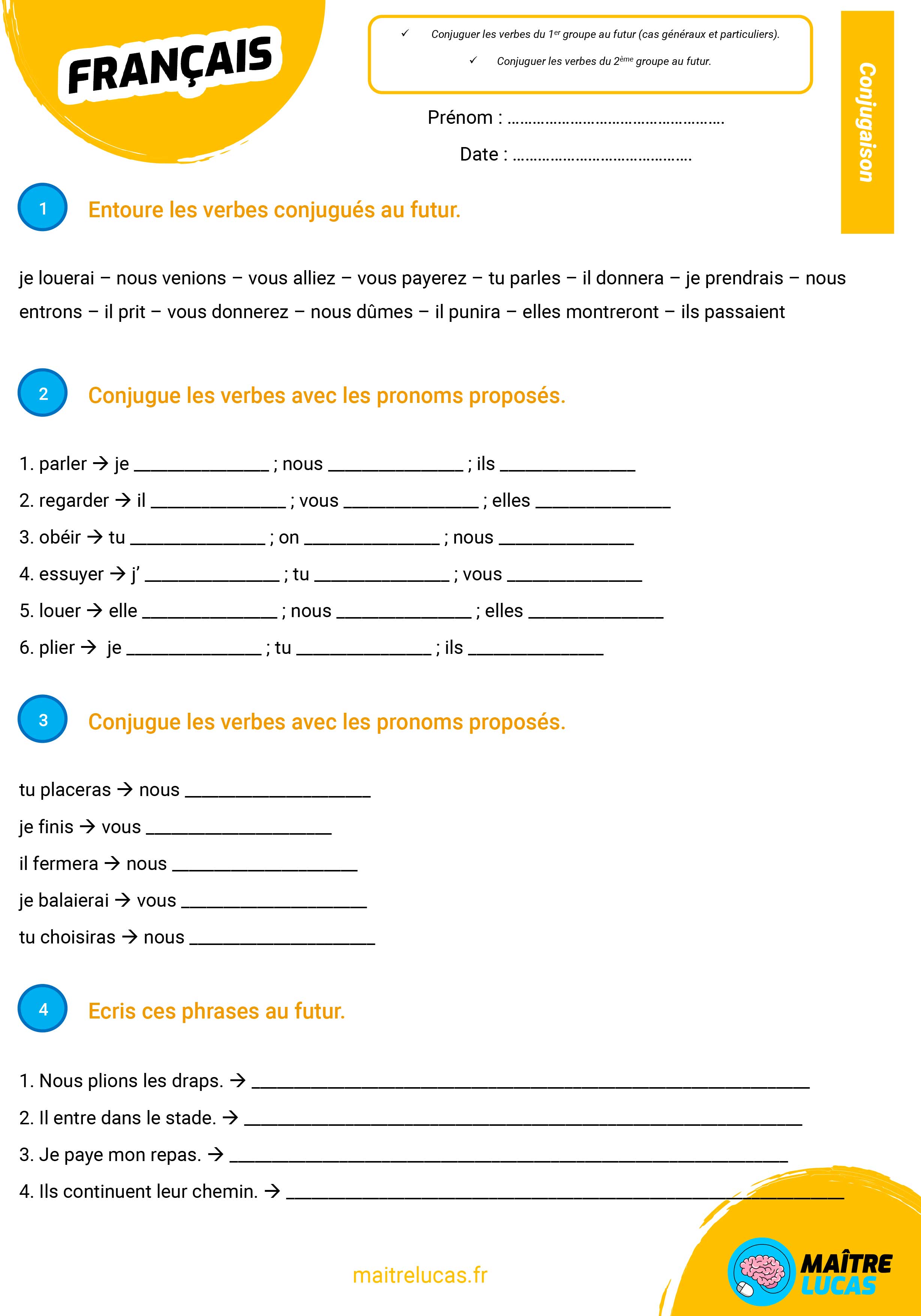 Exercices Futur Des Verbes Du 1er Et 2e Groupe Ma tre Lucas