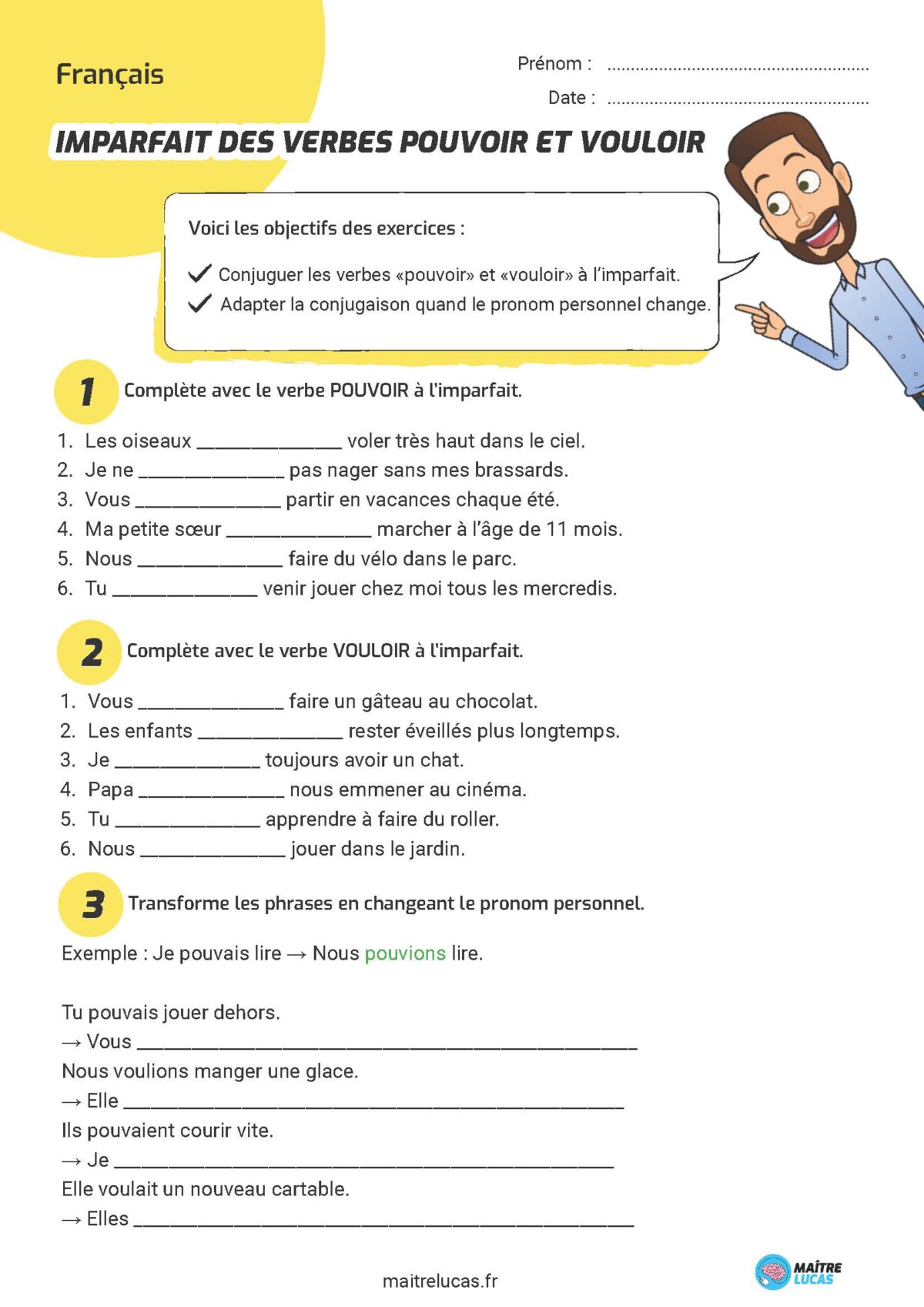 Fiche Exercices imparfait des verbes pouvoir et vouloir CE2 CM1