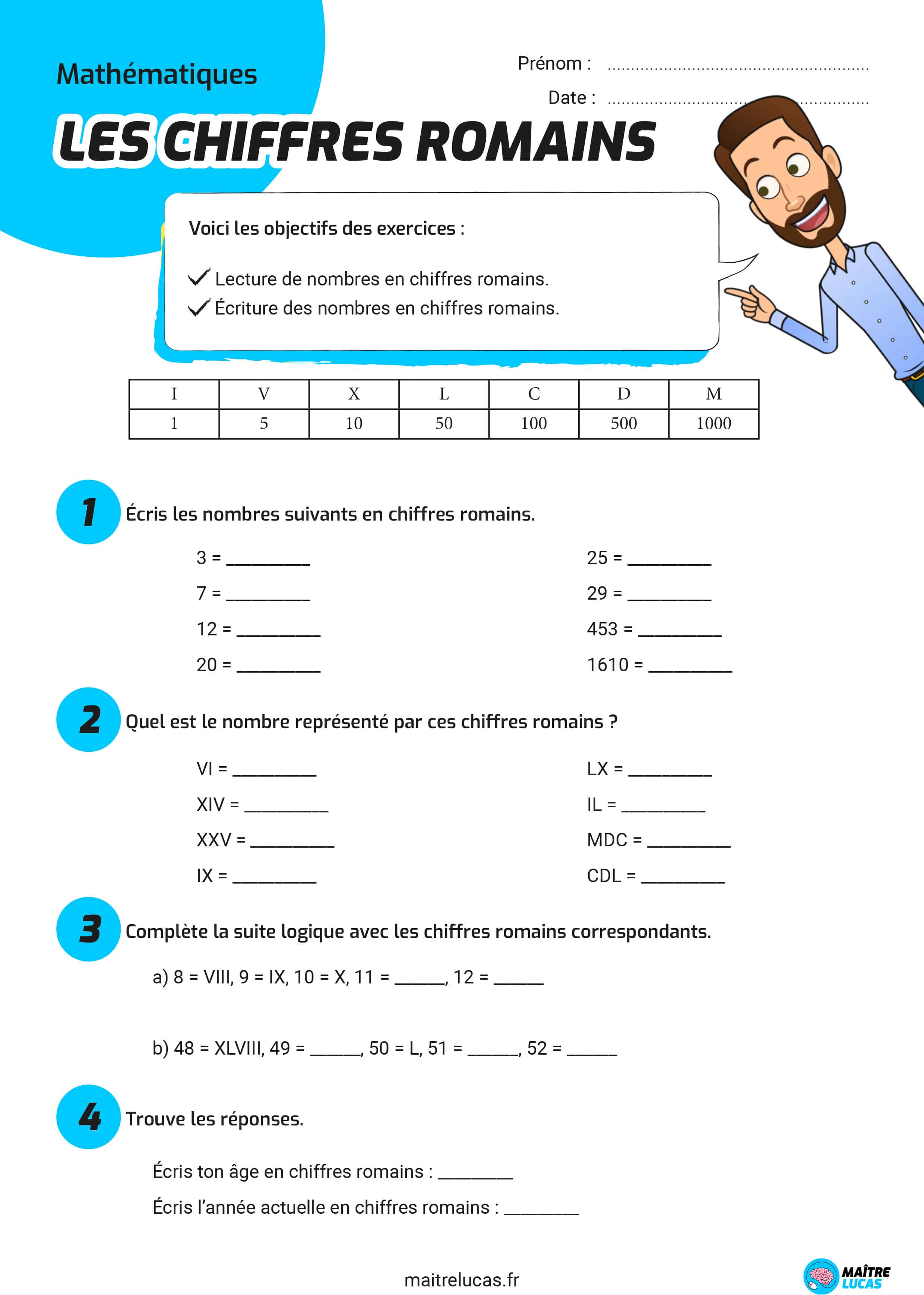 Exercices sur les chiffres romains CE2 CM1 CM2