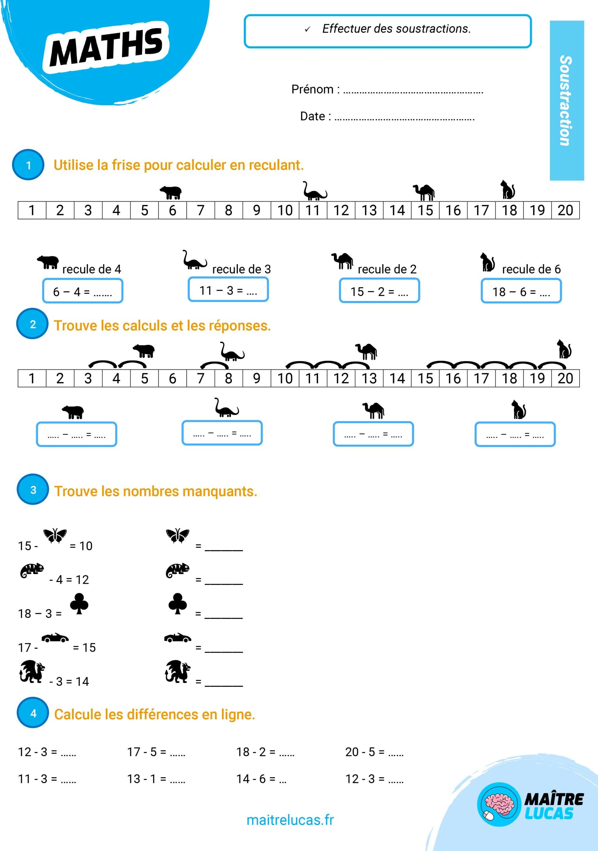 Exercices Soustractions Jusqu'à 20 Pour CP CE1 - Maître Lucas