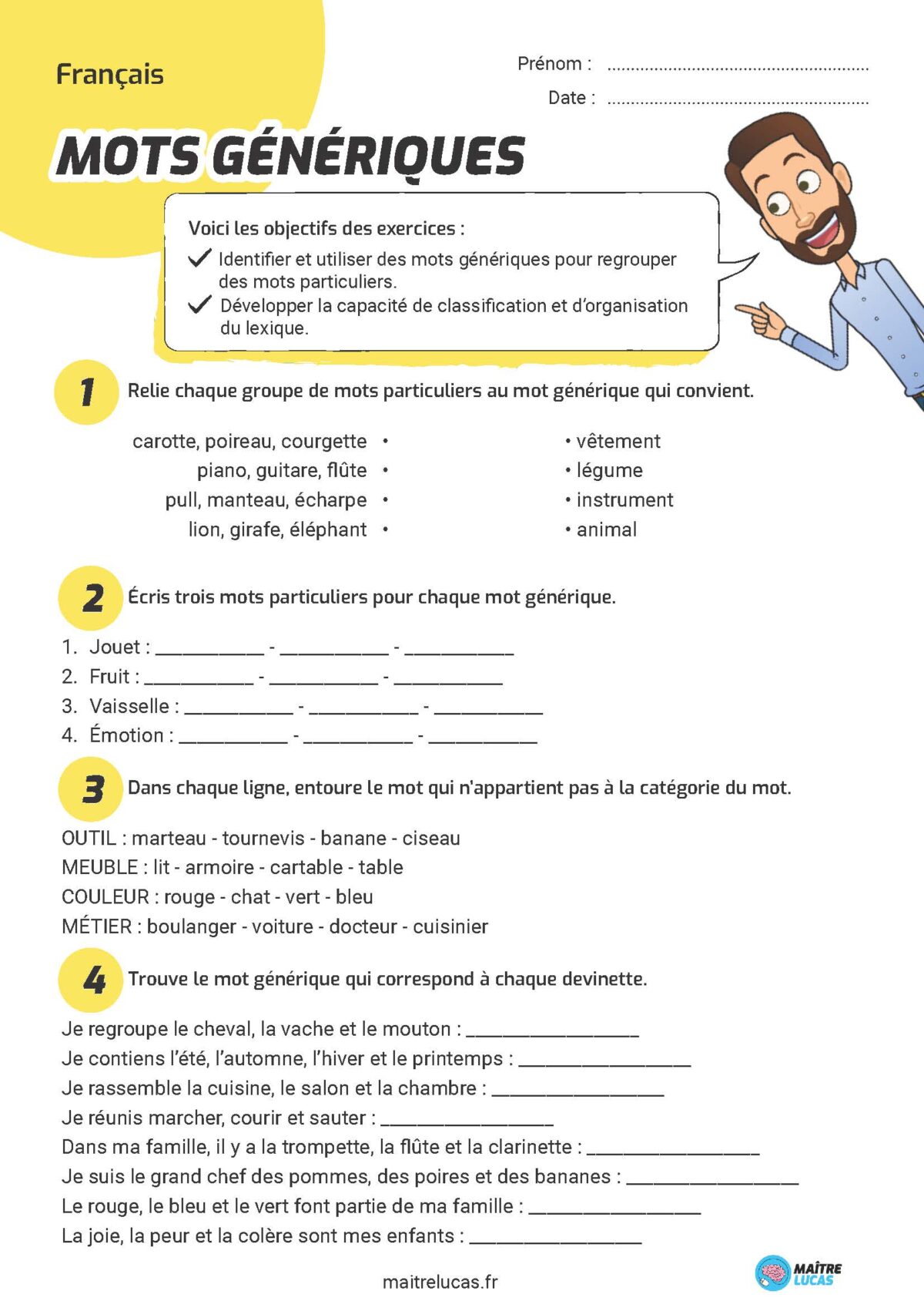 Fiche exercices les mots génériques CE2 CM1
