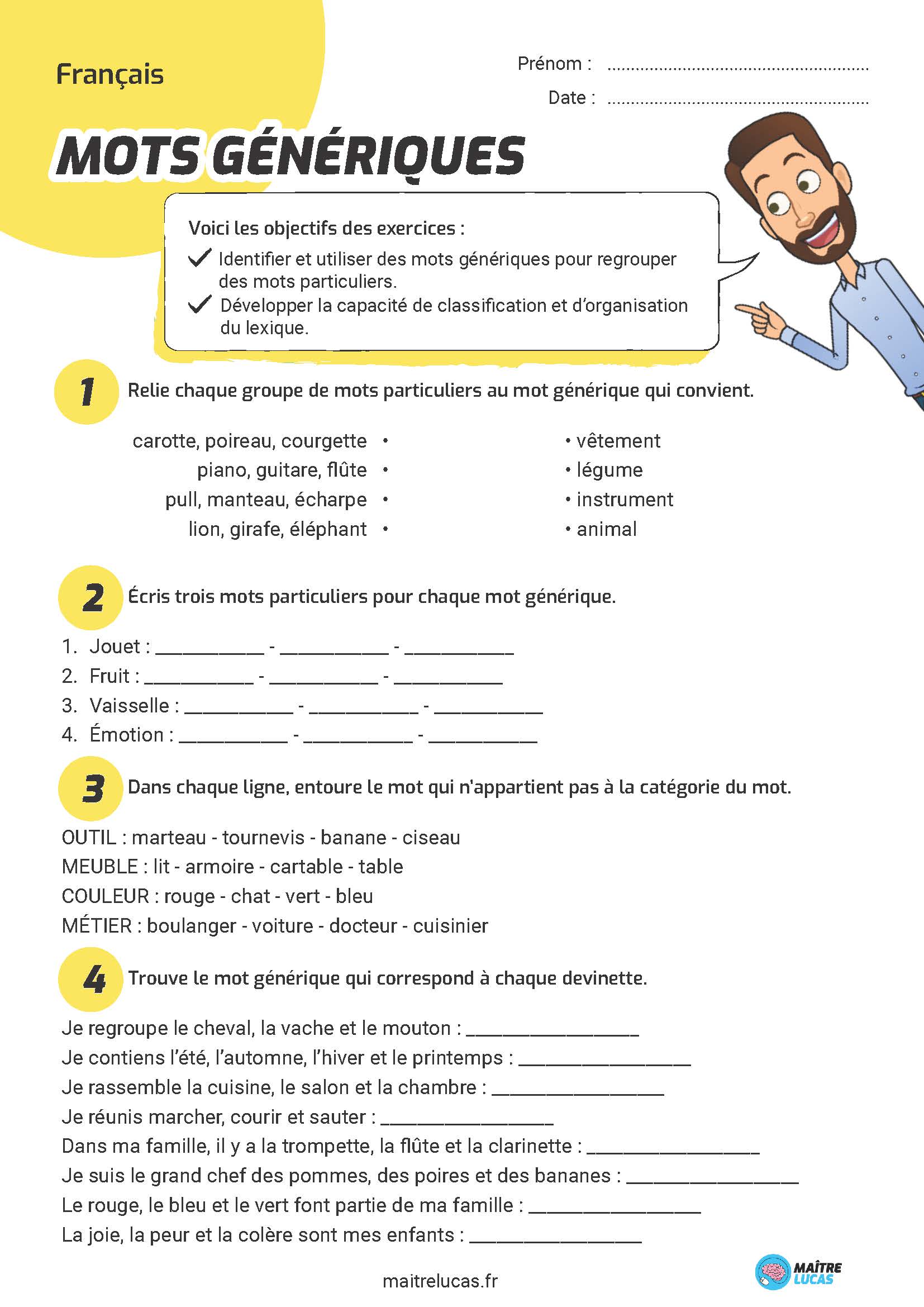 Fiche exercices les mots génériques CE2 CM1