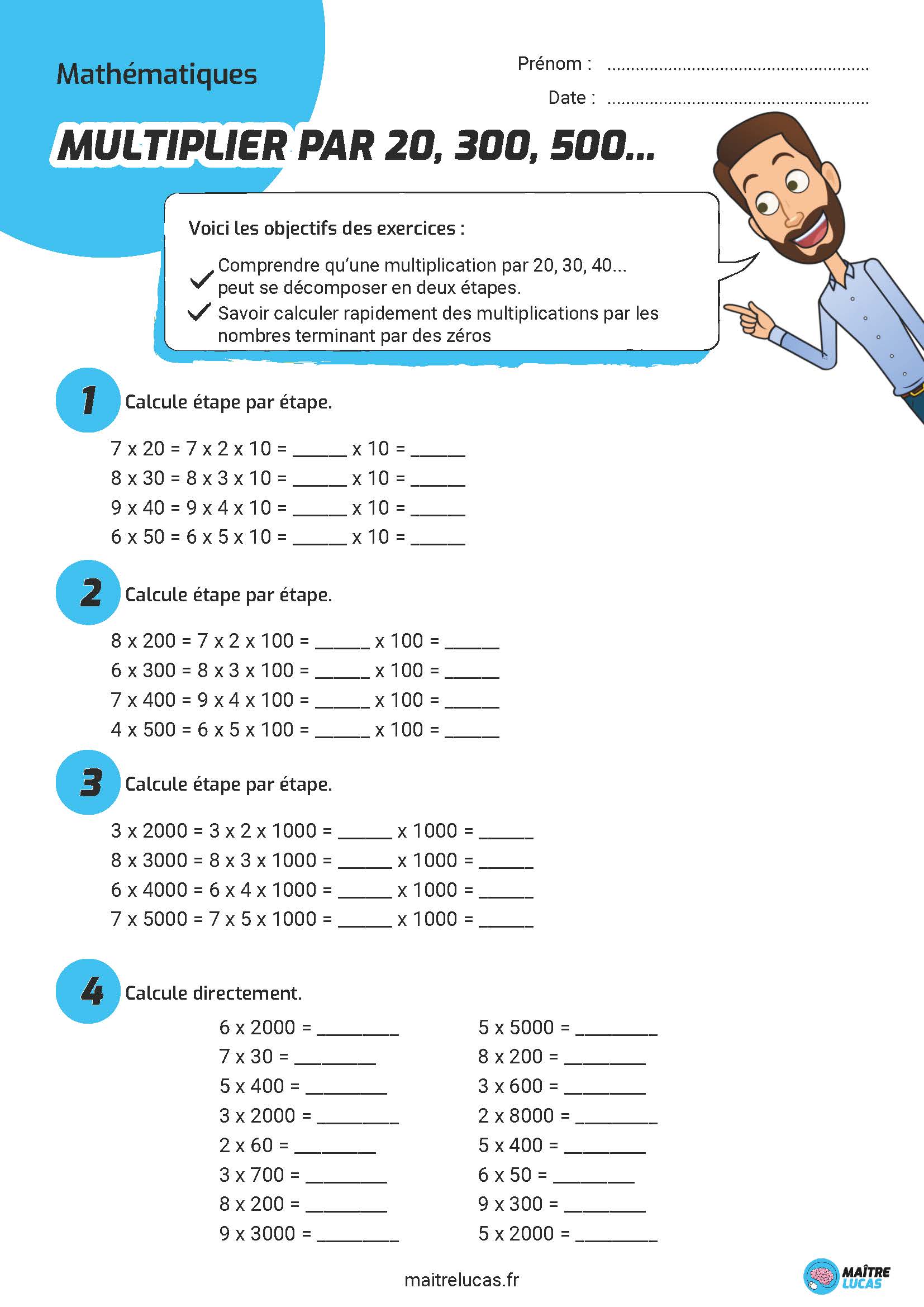 Fiche exercices multiplier par 20 30 40 200 300 400 CE2 CM1