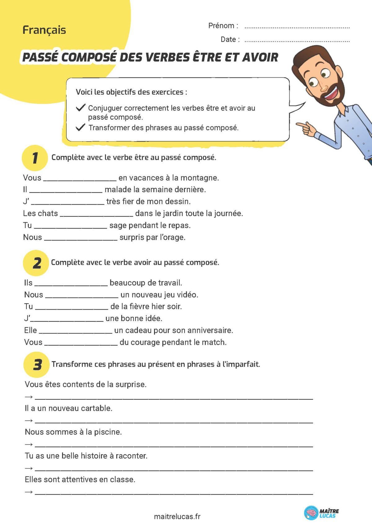 Fiche d'exercices passé composé être et avoir CE2 CM1