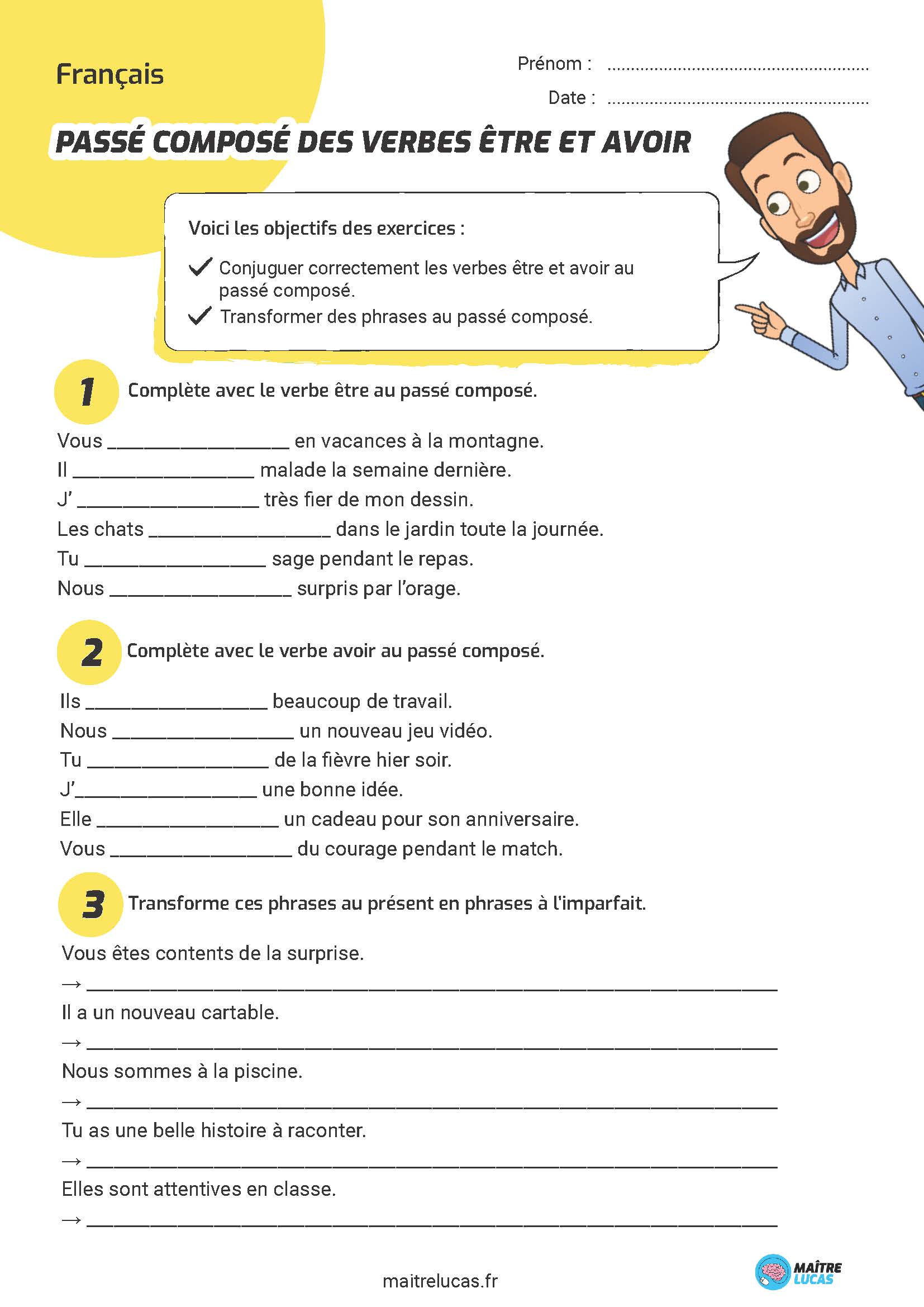 Fiche d'exercices passé composé être et avoir CE2 CM1