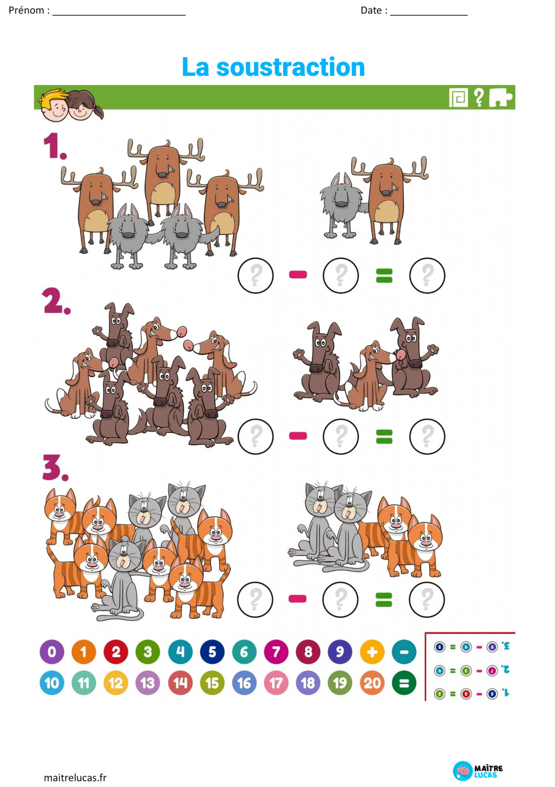 Fiches Exercices Soustractions, 10 Exercices Pour CP CE1 - Maître Lucas