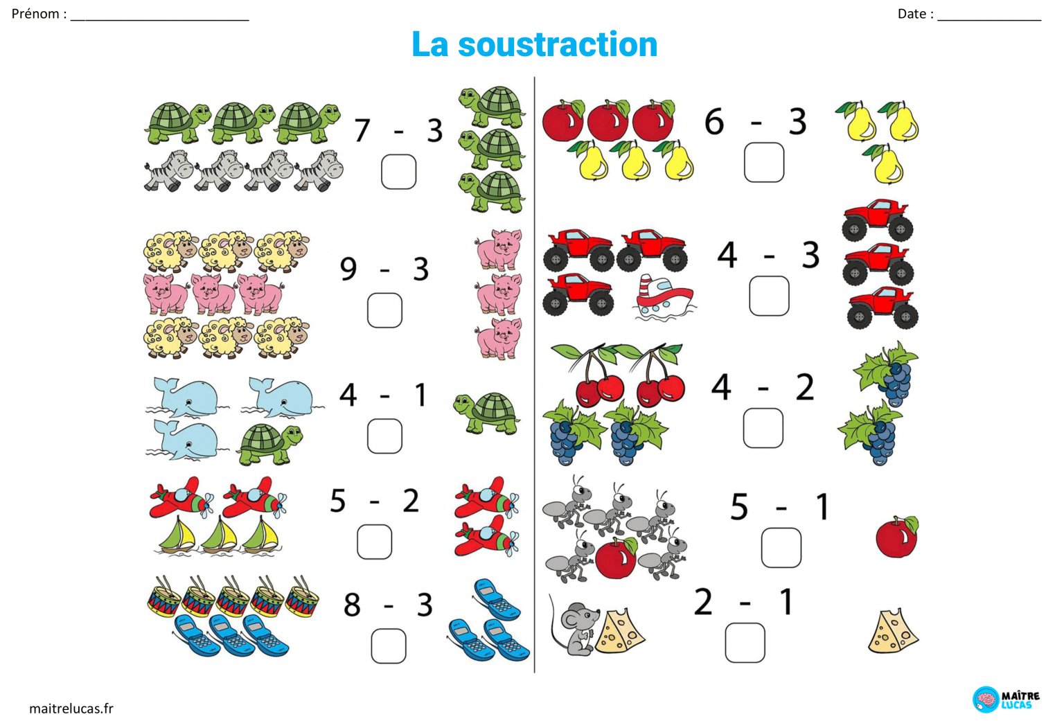 Fiches exercices soustractions 10 exercices pour cp ce1 ma tre lucas